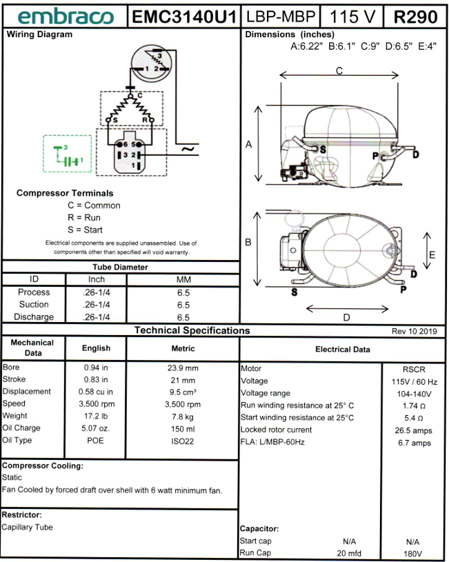 EMC3134U1 (513301715UC.2) Embraco Refrigeration Compressor, 1692 BTU/h 115V R290