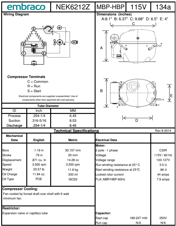 NEK6212Z1 (269AG71M9AJ) Embraco Refrigeration Compressor, 5178 BtuH, 115V, R134a