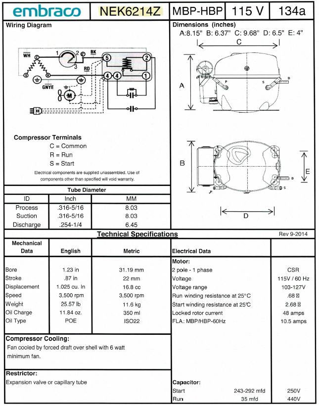 NEK6214Z1 Embraco Refrigeration Compressor 3 / 4 115 R134A 5960 BTUH