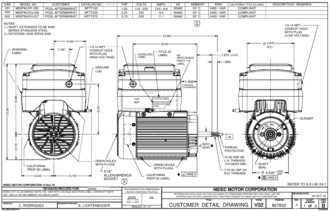 NPTT270 Pool & Spa Motors, Neptune Premium Energy Efficiency, Variable Speed, 56J Mounting