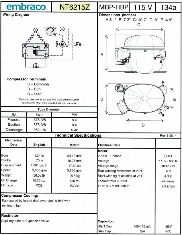 NT6215Z, (NT6215Z1) Embraco Refrigeration Compressor, 6626 BtuH, 115V, R134a