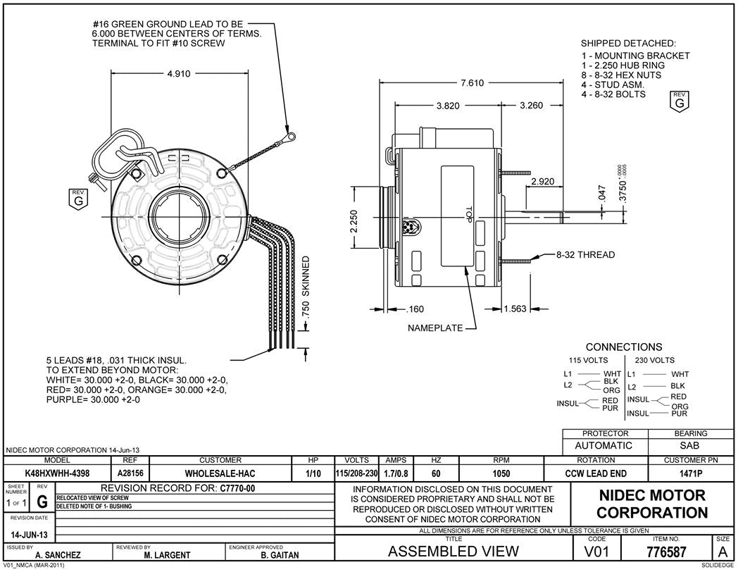 1471P (K048WHH4398011B) HVAC/R Motors, OEM Replacement Reznor 45330 45332, Intertherm