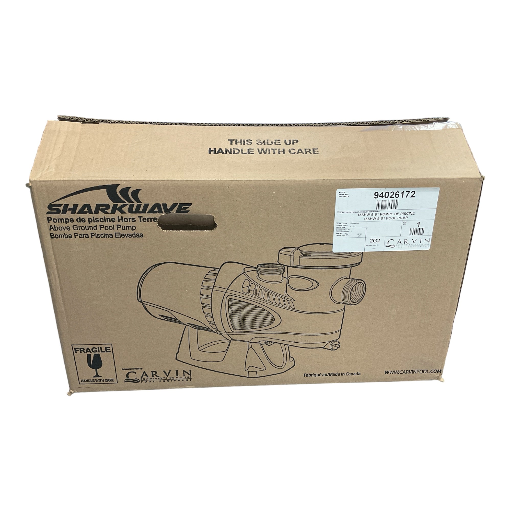 Sharkwave Above Ground Pool Pump, 1.5 HP Carvin 94026172 15SHW-5-S1 15LRC-5-S1