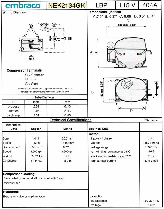 NEK2134GK1 Embraco Refrigeration Compressor, 1948 BtuH, 115V, R404A