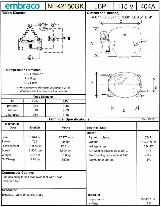 NEK2150GK (NEK2150GK1) Embraco Refrigeration Compressor, 2493 BtuH, 115V, R404A