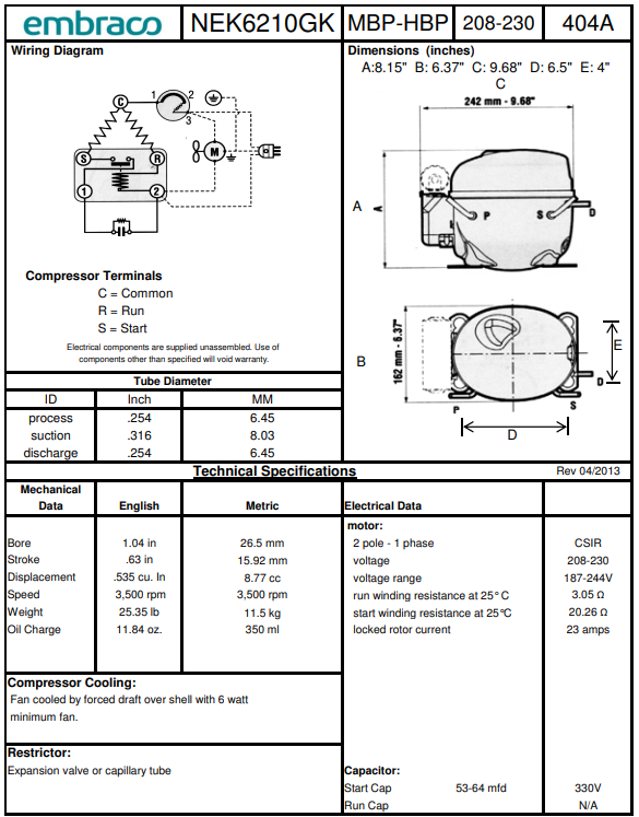 NEK6210GK2 (959ID92M9AJ) Embraco Refrigeration Compressor, 5355 BTU/h 208-230V R-404A