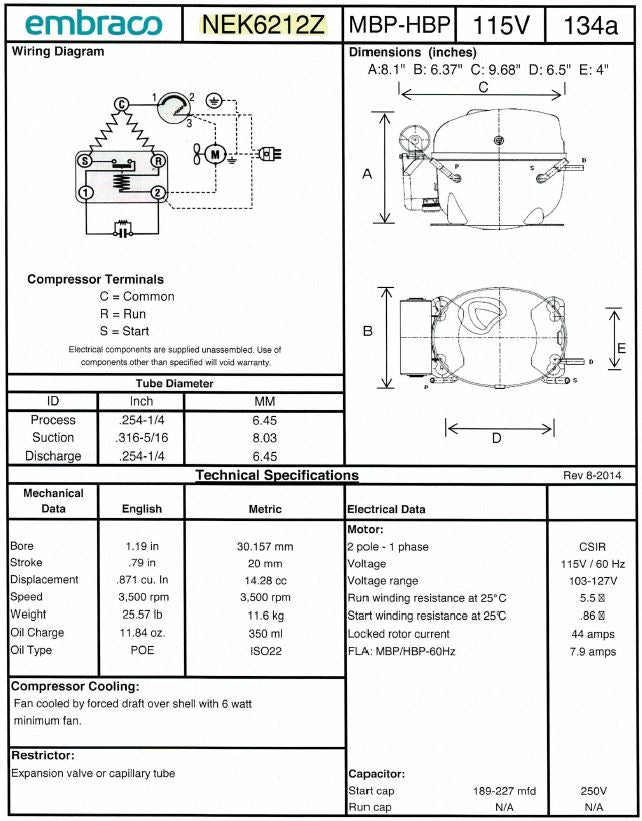 NEK6212Z (NEK6212Z1) Embraco Refrigeration Compressor, 5178 BtuH, 115V