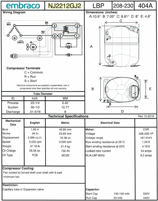 NJ2212GJ2 Embraco Refrigeration Compressor, 208-240V, R404A