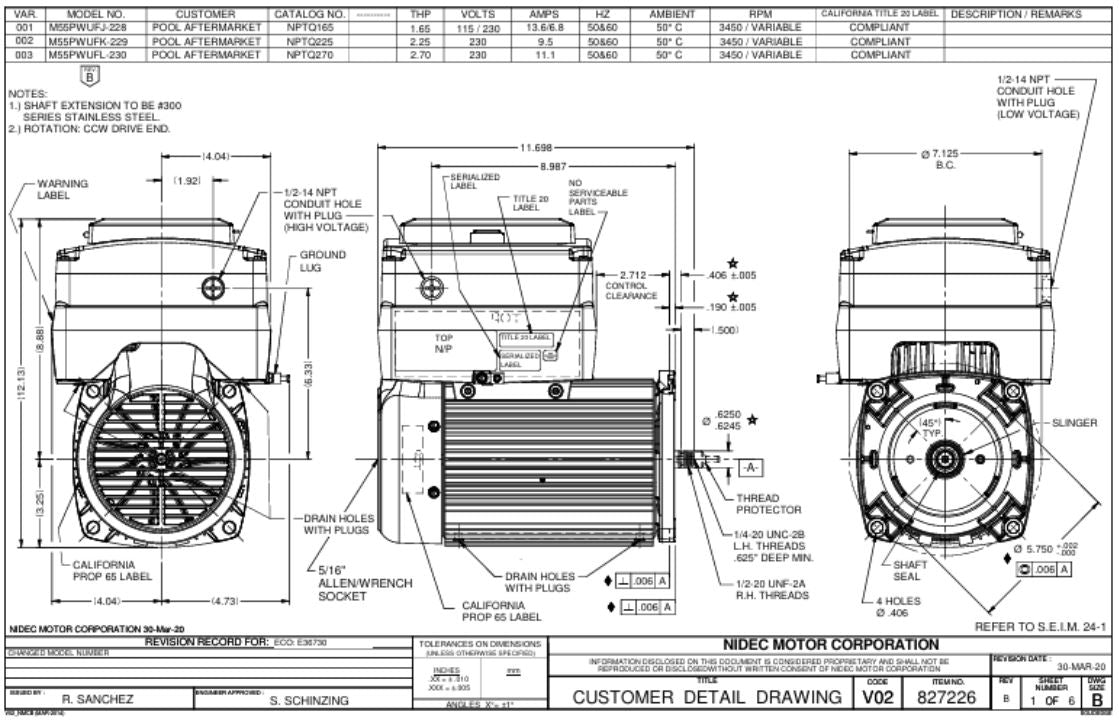 NPTQ225 Pool & Spa Motors, Neptune Premium Energy Efficiency, Variable Speed, 48Y Mounting
