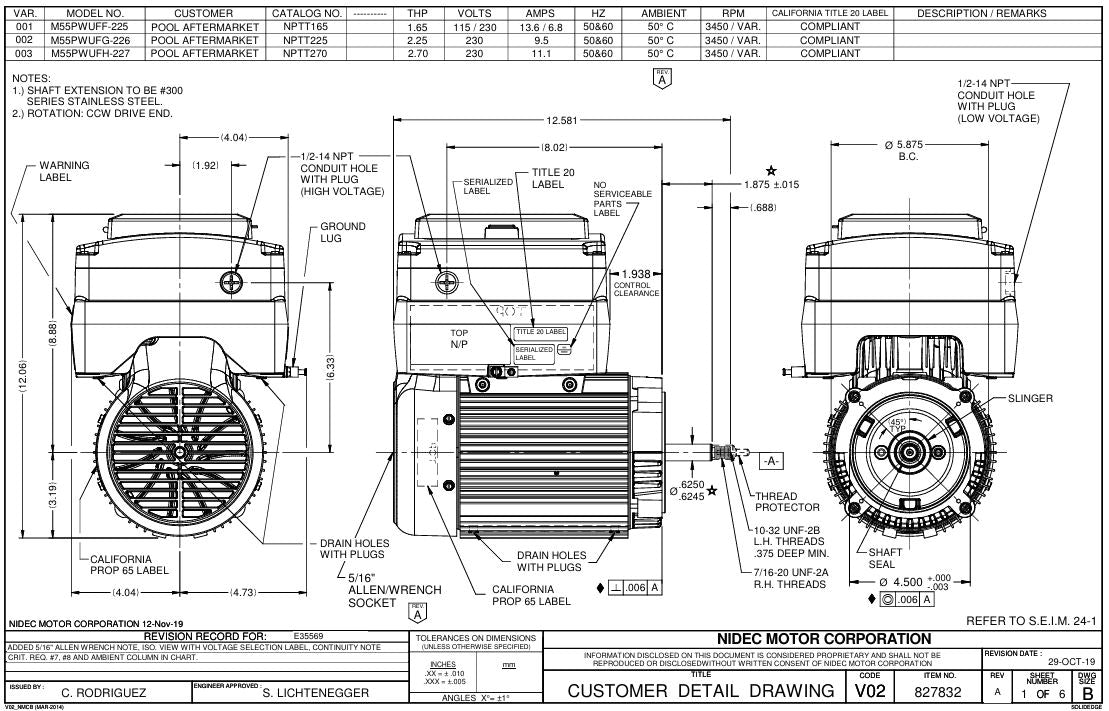NPTT225 Pool & Spa Motors, Neptune Premium Energy Efficiency, Variable Speed, 56J Mounting