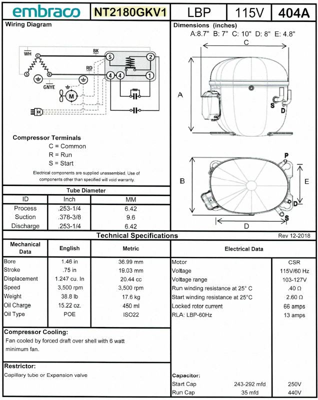 NT2180GKV1 (922PG0264AF) Embraco Refrigeration Compressor, 115Volt, R404