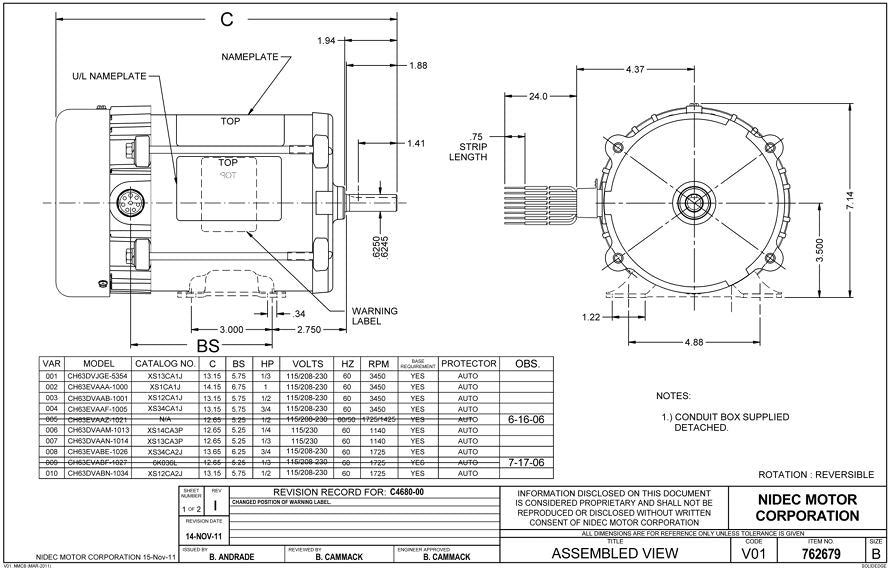 XS12CA2J Explosion Proof Motor, Class I (Group C & D) Class II (Group E F & G)